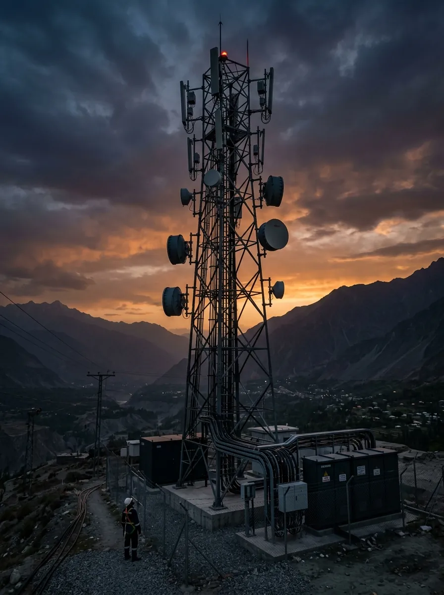 Telecom tower at sunset, part of Adamsons Engineering's network infrastructure work in Pakistan